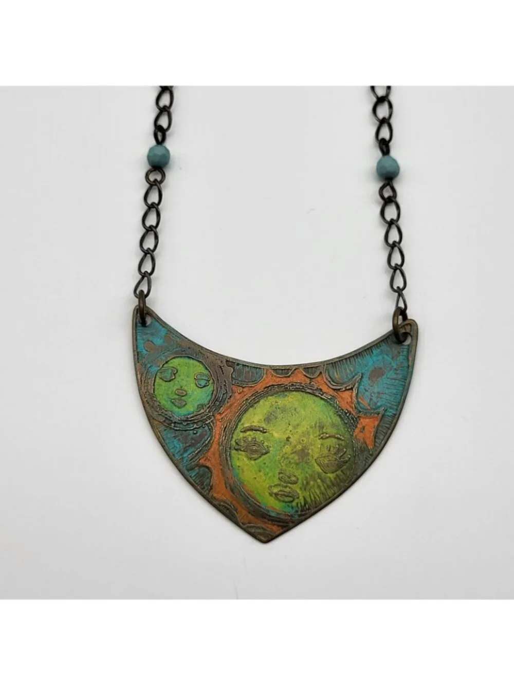 Artisan Necklace Brass Celestial Sun Moon Festival painted whimsical Goddess